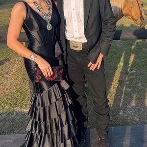 Elegant Black Satin Ruffle Gown